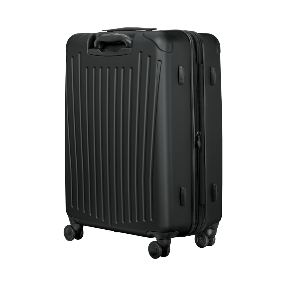 Black suitcase with wheels, handle, and zipper isolated on a white background