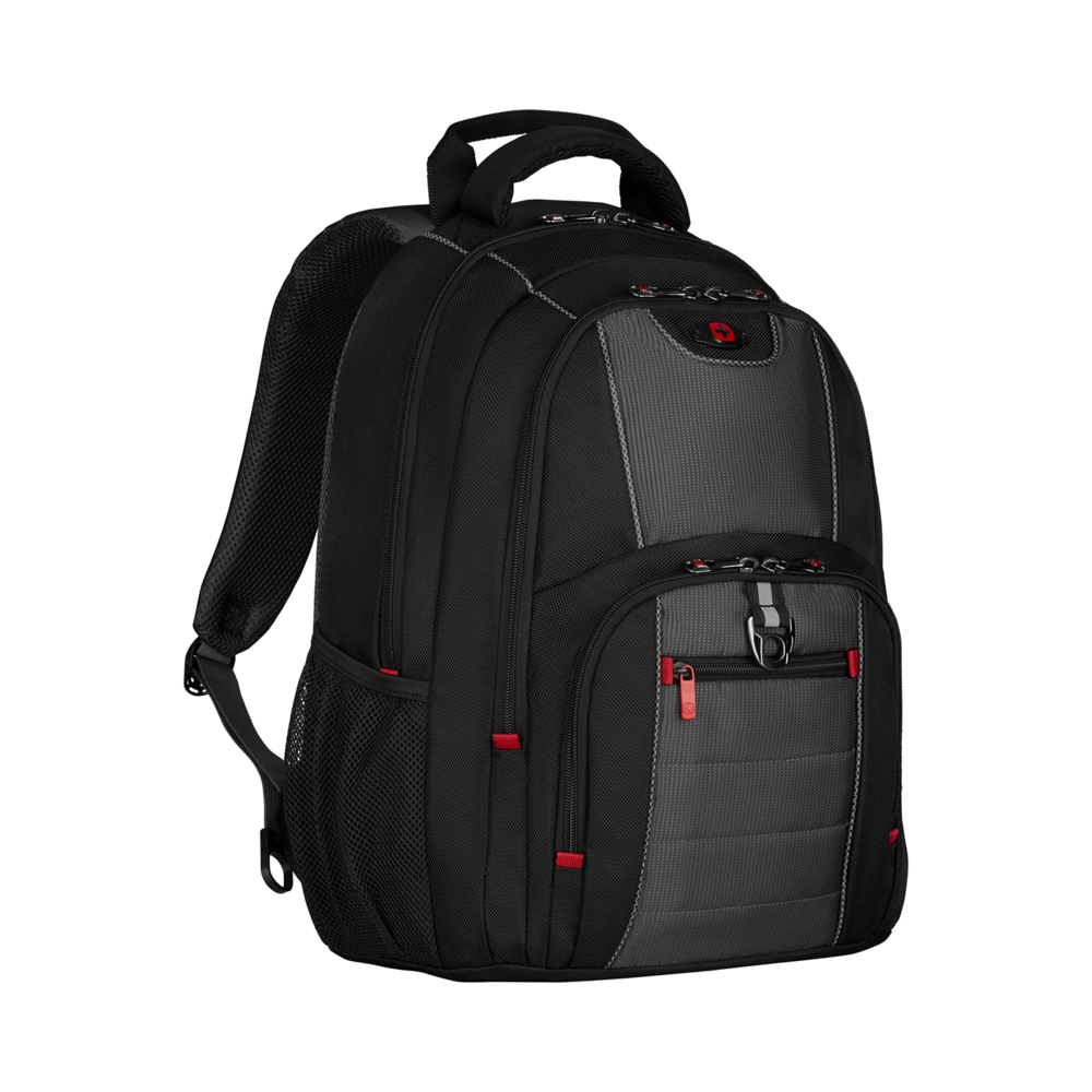 Black backpack with red accents and silver zippers on a black background.