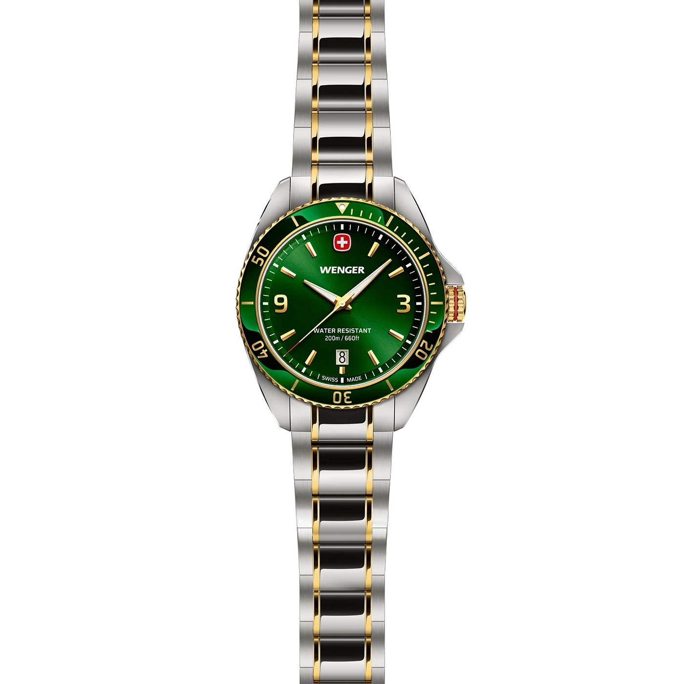 Wenger watch, green, gold, silver, water resistant, Swiss made watch