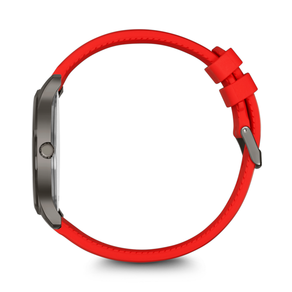 Red watch with silver case on black background. Close-up side view.