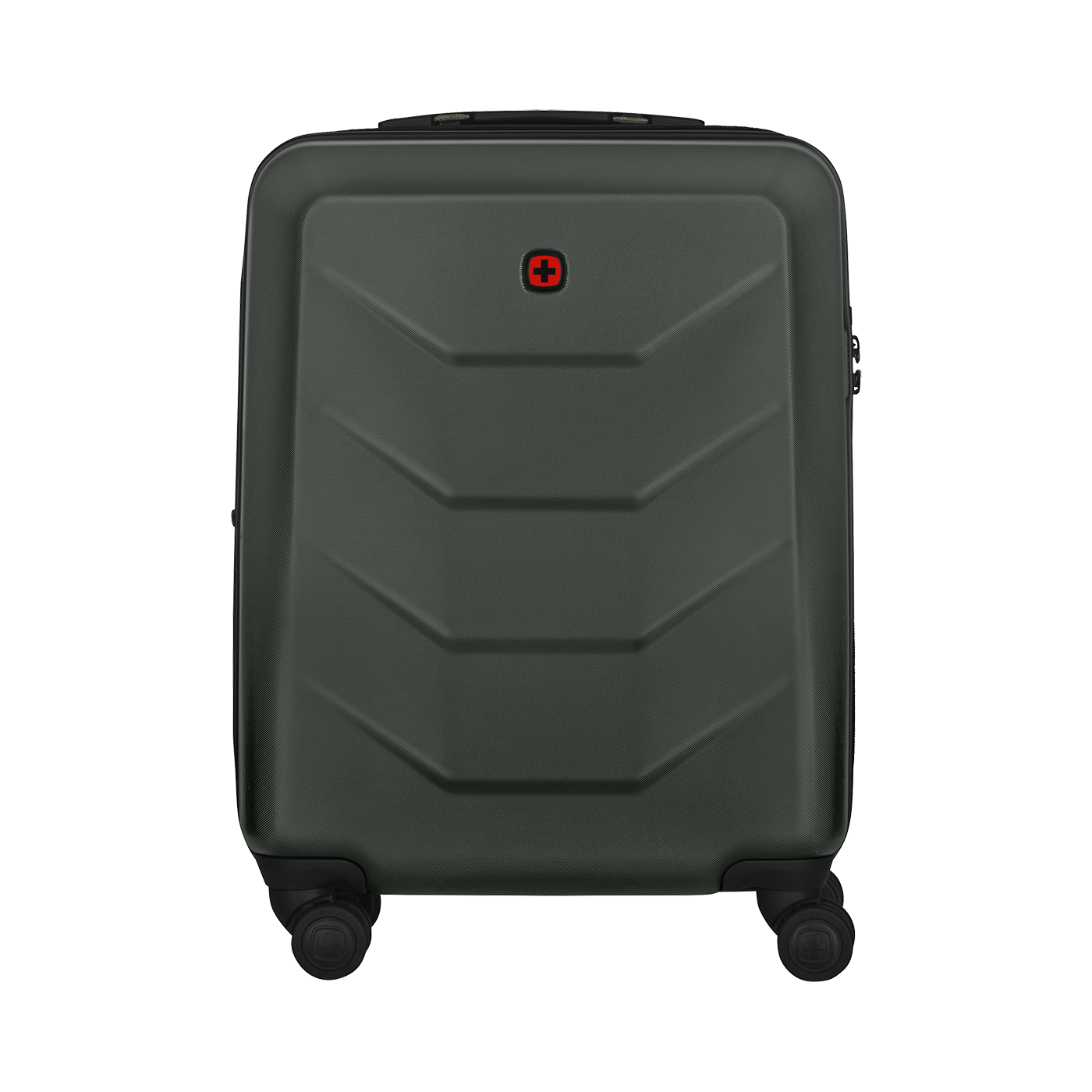 Dark green suitcase with red cross logo and four wheels, isolated on white