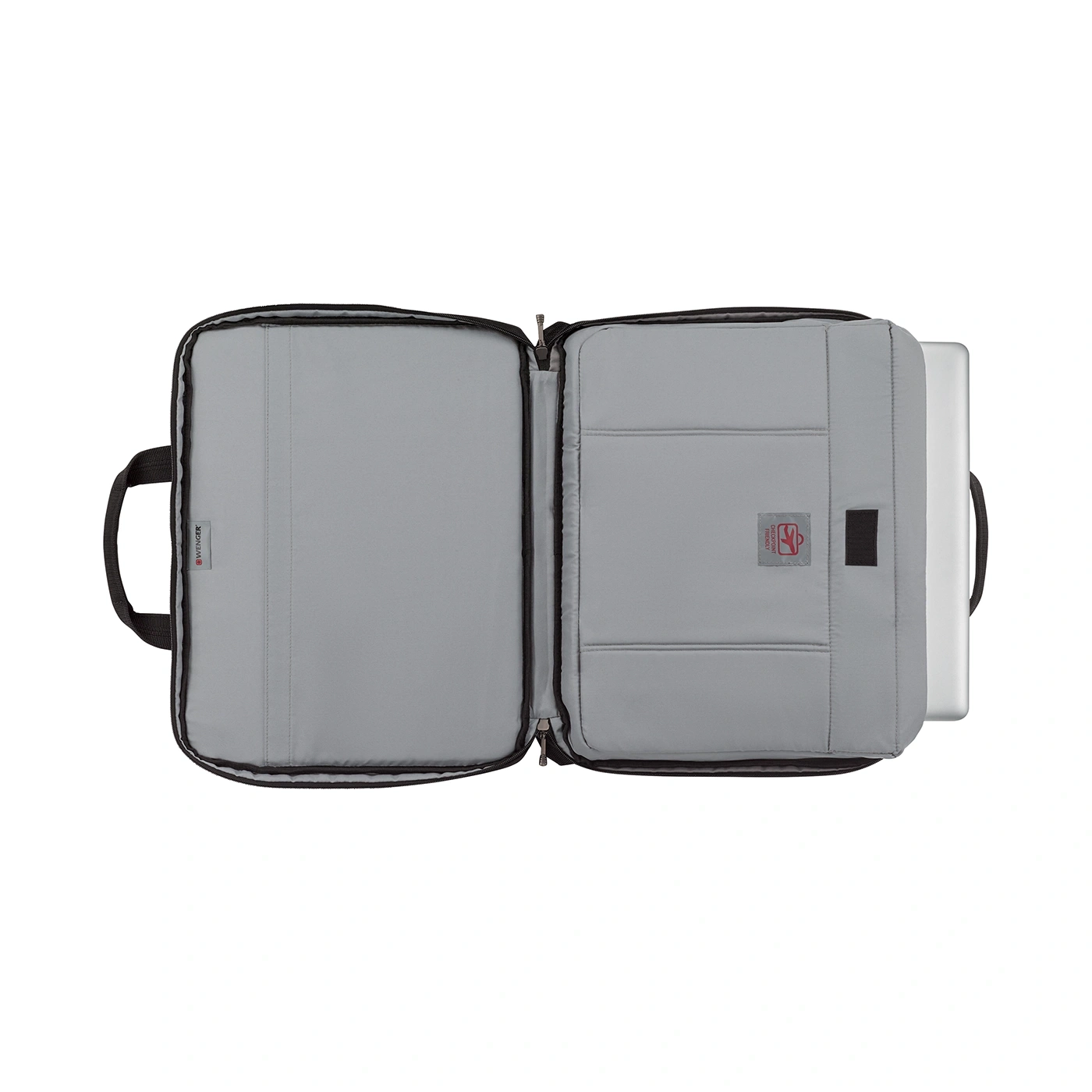 Open laptop bag with laptop, gray padded, zipper, handle, inner compartments