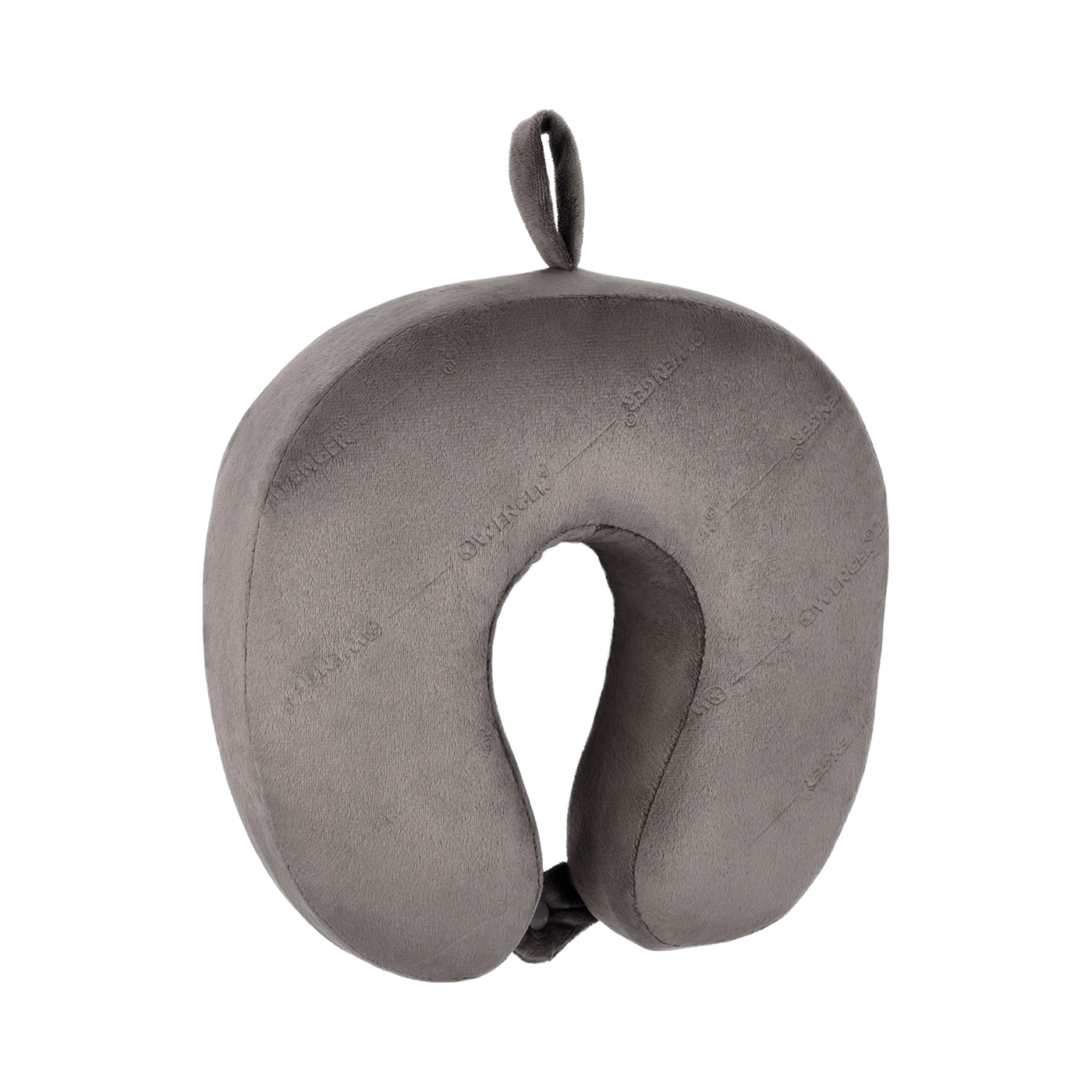 Gray neck pillow with handle on black background, travel pillow