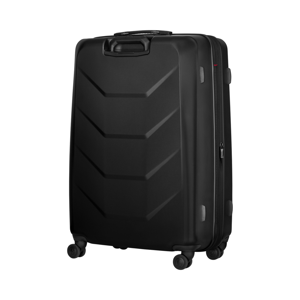 Black suitcase with wheels isolated on black background, close-up detail shot