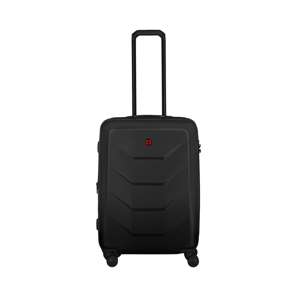 Black suitcase with red logo and retractable handle on a black background.