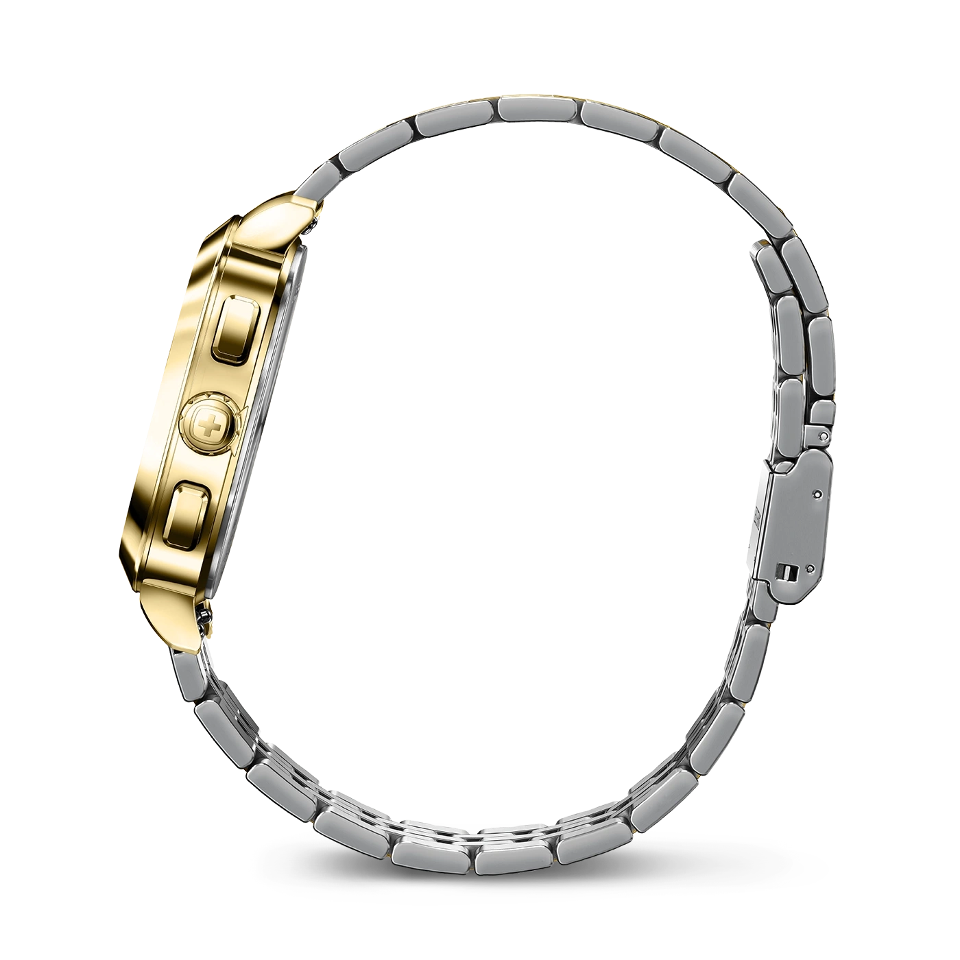 Goldene Uhr mit silbernem Armband, Seitenansicht, Detailaufnahme, elegant