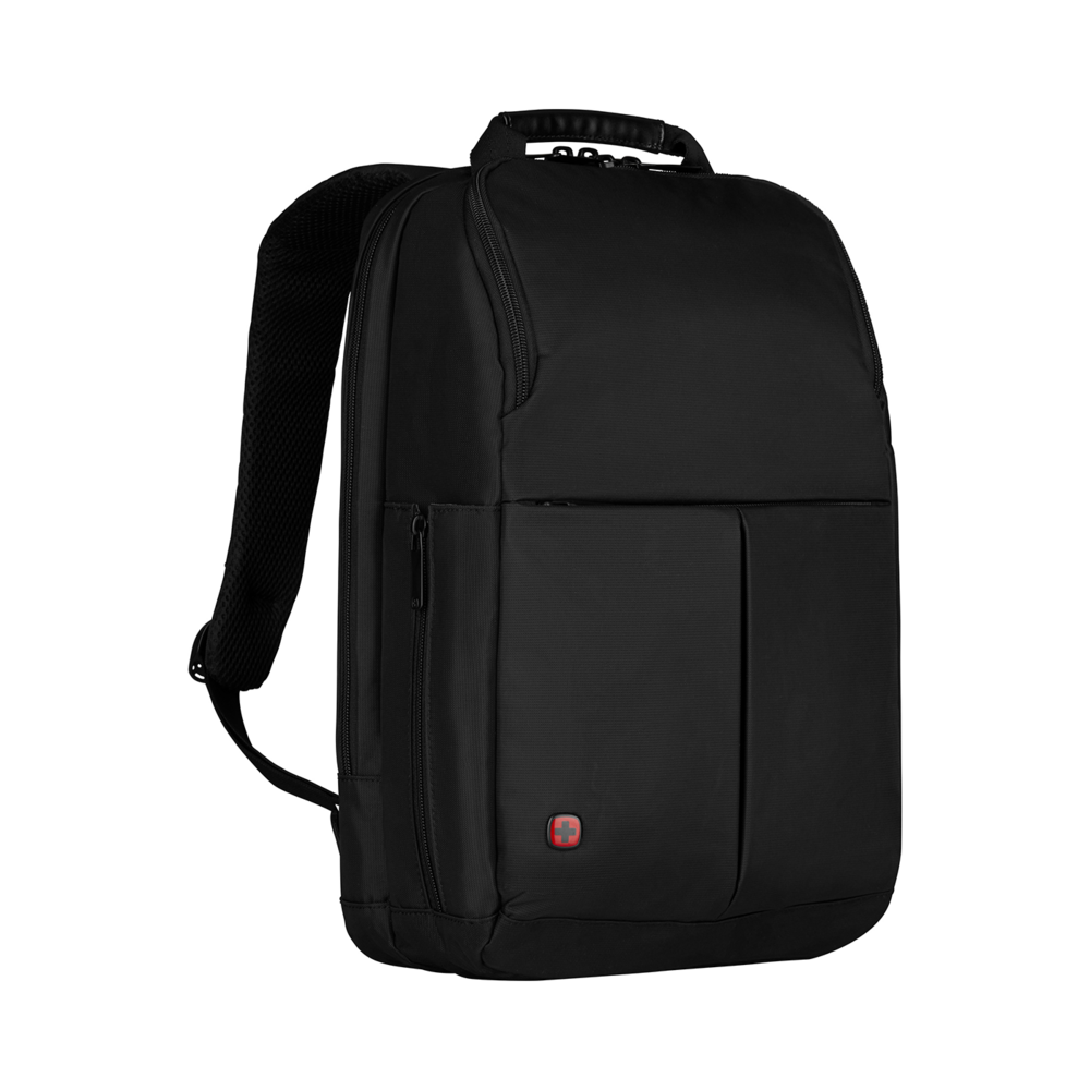 Black backpack with zippers and red logo on a black background