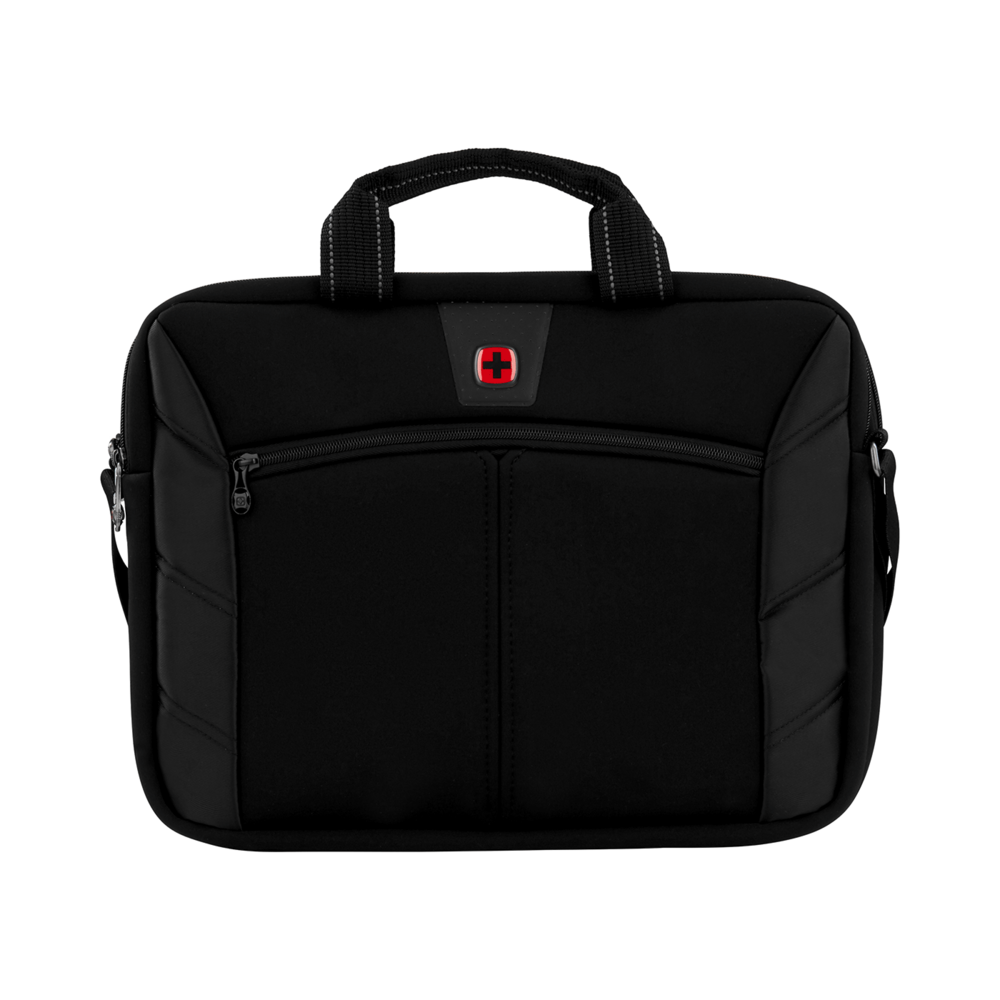 Black laptop bag with red Swiss cross logo.
