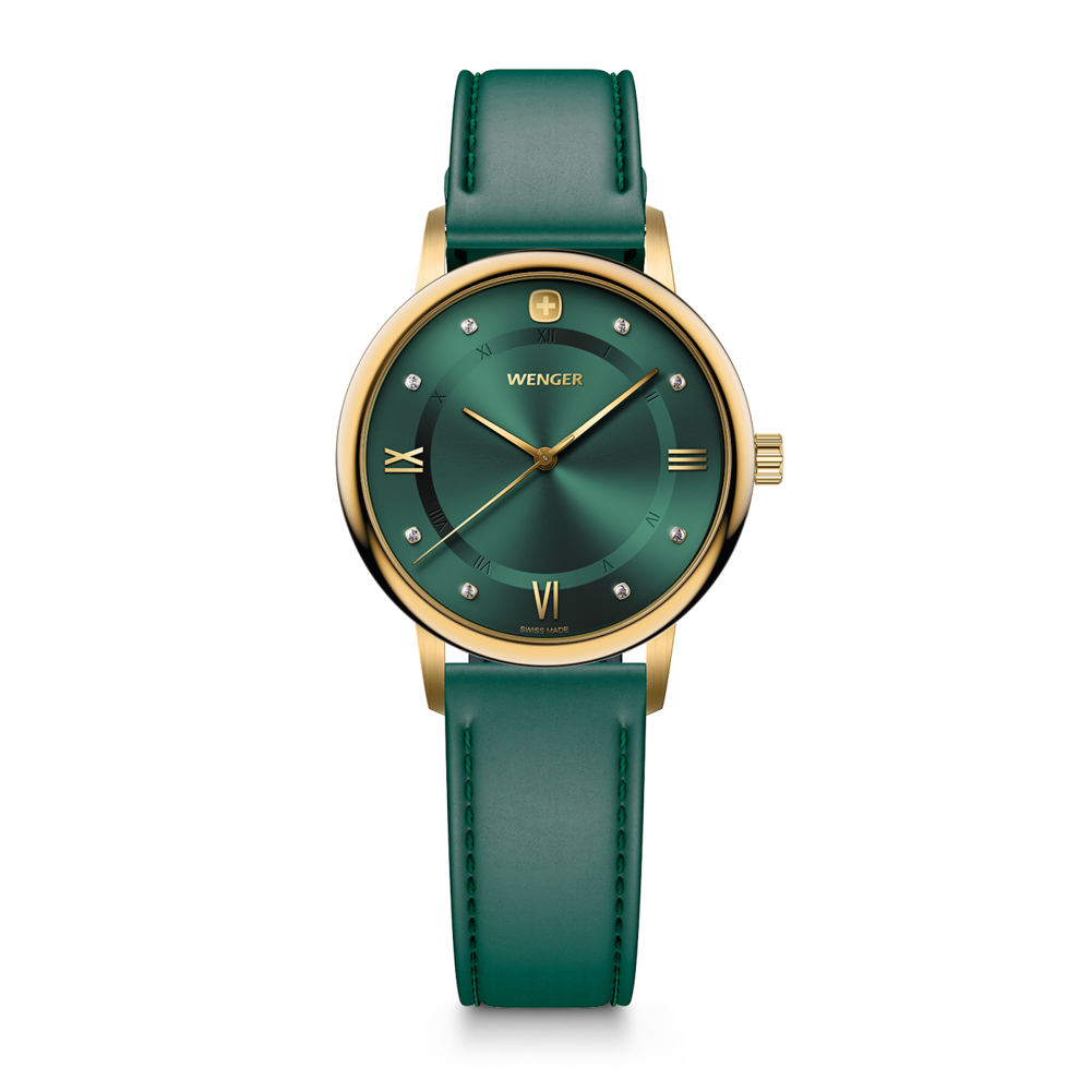 Green Wenger women's watch with gold case and Roman numerals on a white background.