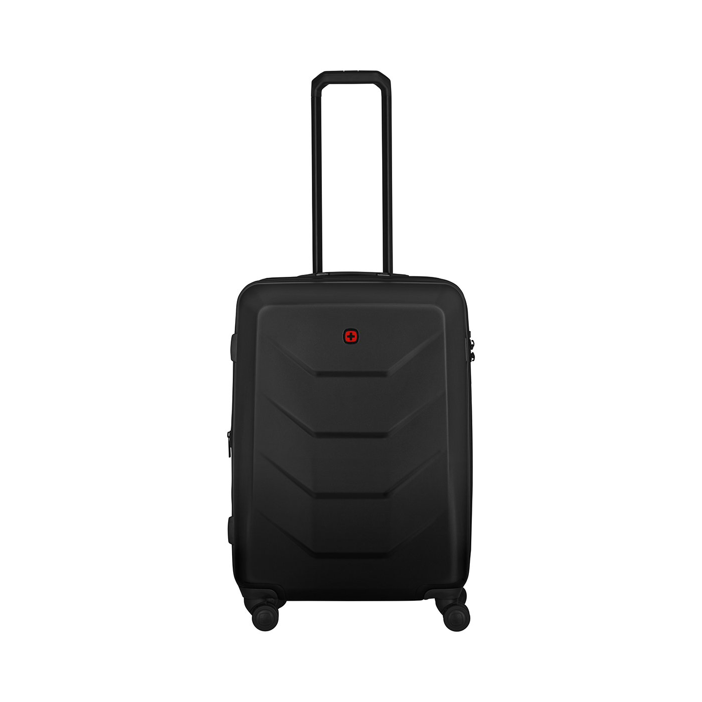Black suitcase with red logo and retractable handle on a black background.