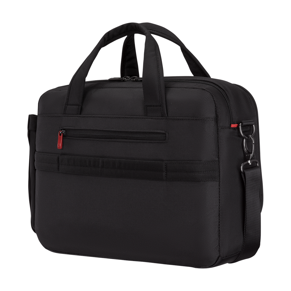 Black briefcase with handles and shoulder strap, zipper and red accent details