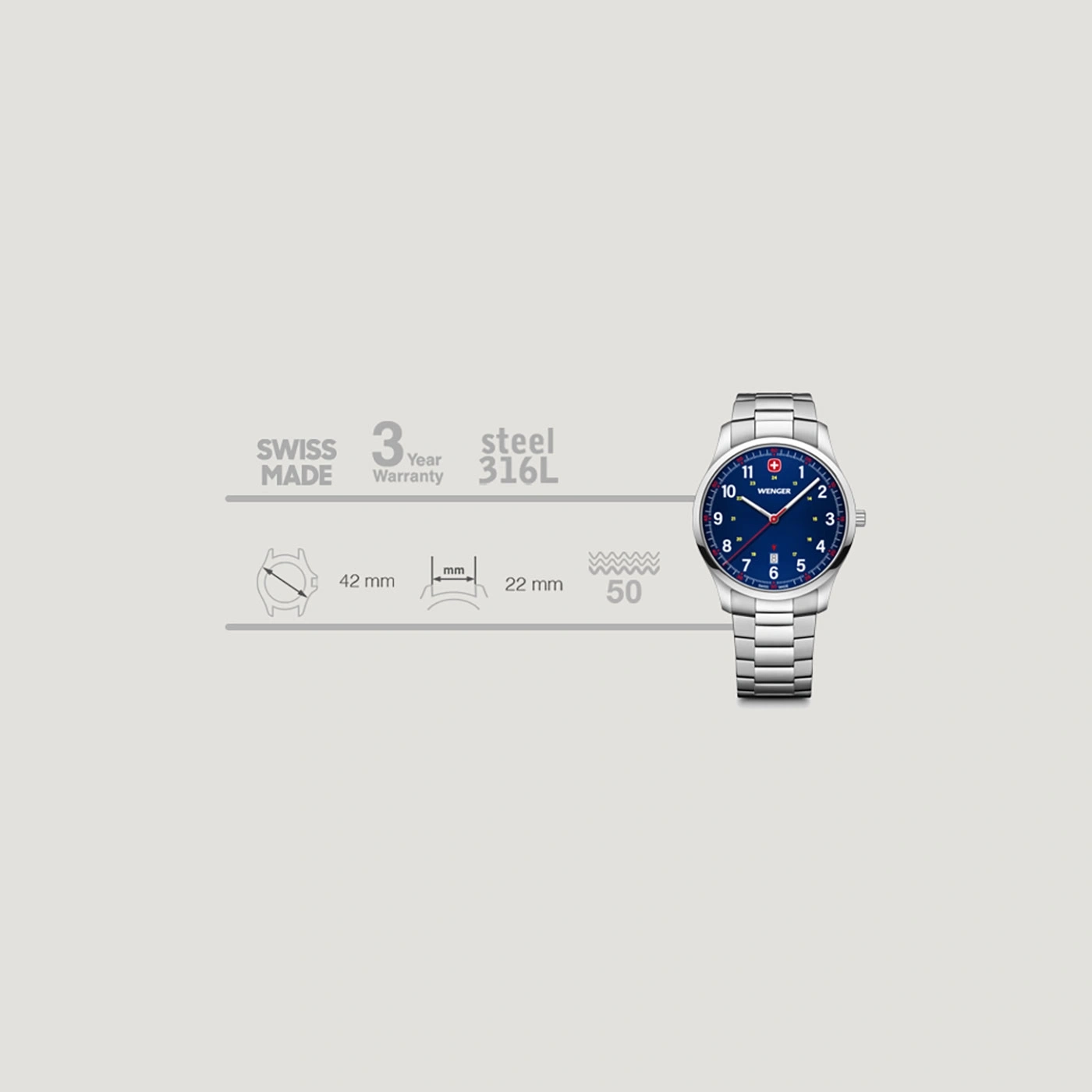 Swiss watch with blue dial, steel bracelet, 42mm case, 3 year warranty, 316L steel.