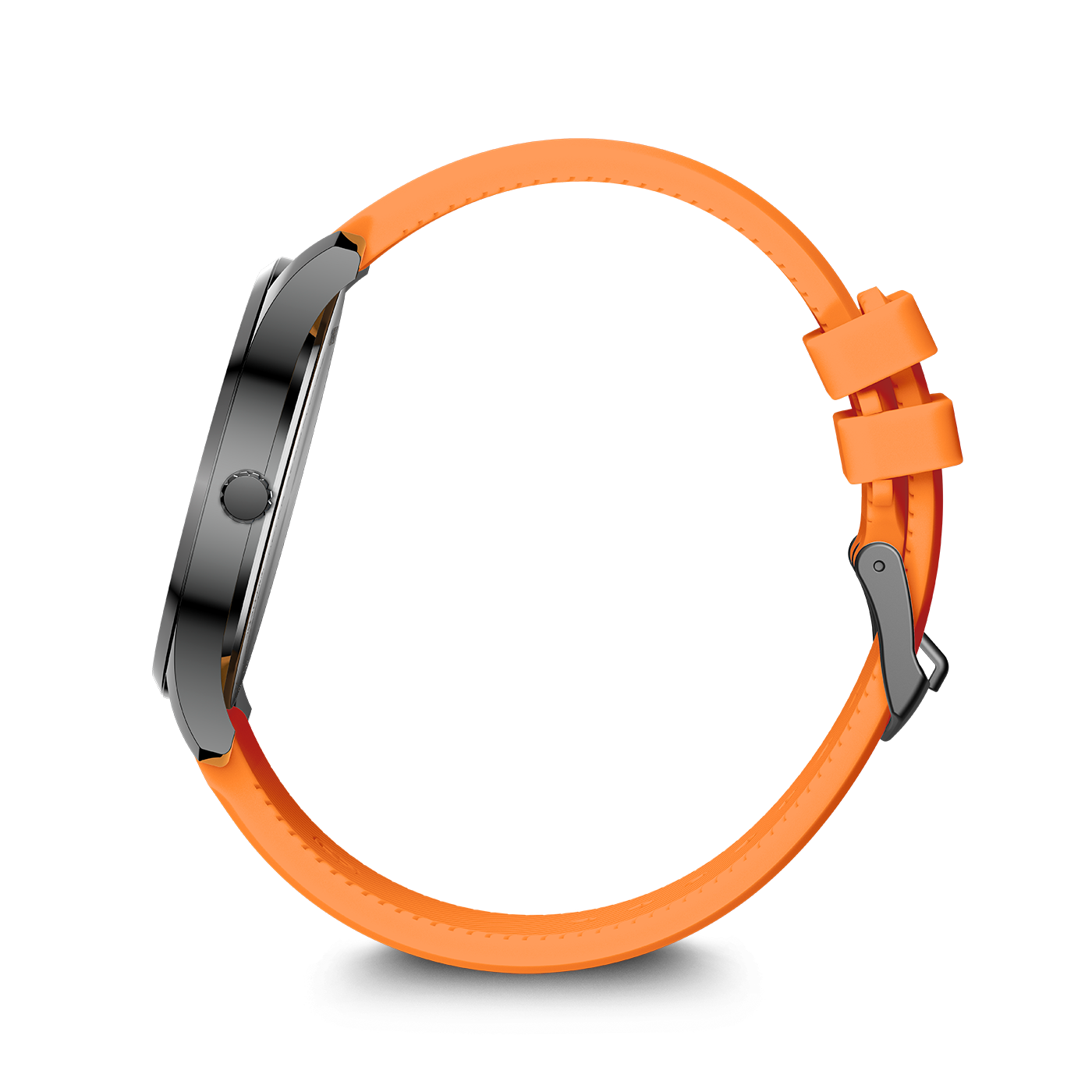 A smartwatch with an orange strap, seen from the side.