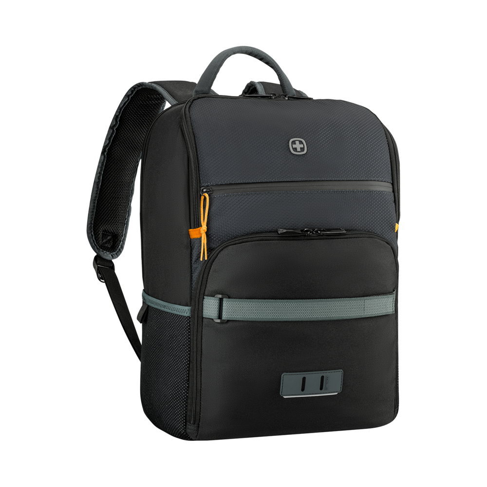 Black backpack with gray accents and orange details, featuring the Wenger logo.