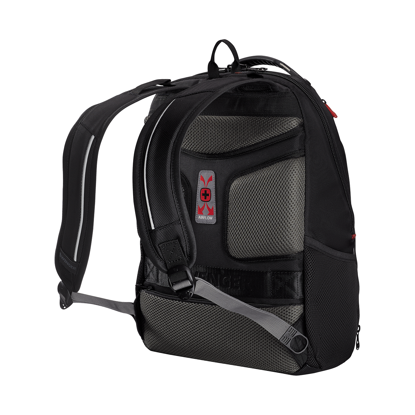 Black backpack with Airflow system and padded straps, perfect for travel and everyday use.