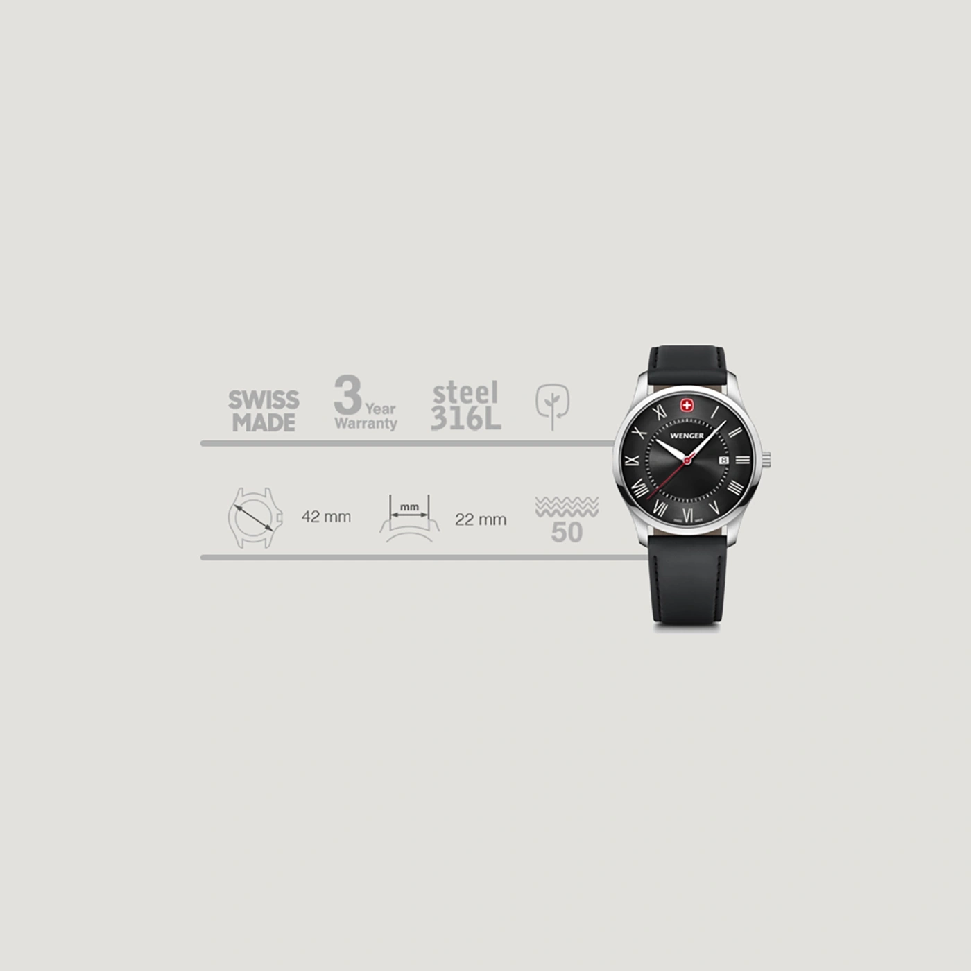 Wenger watch, black, stainless steel, 42mm, 3 year warranty, Swiss Made, 50m water resistant