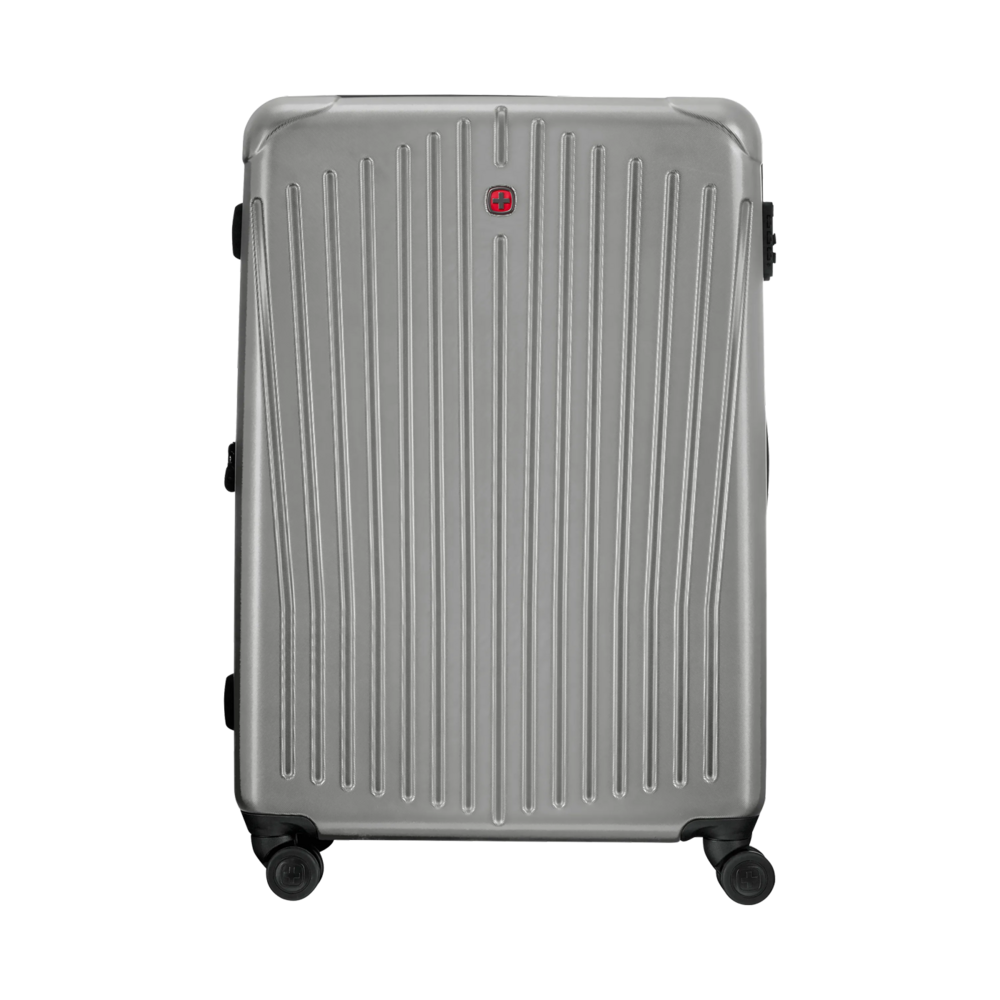 Silver suitcase with vertical lines and wheels, Swissgear logo on the front