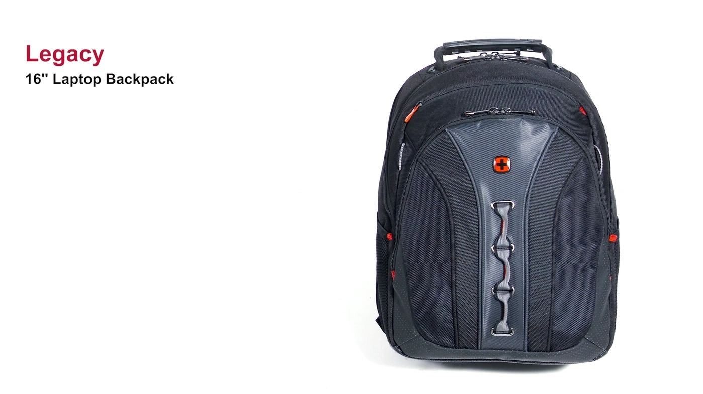 Black backpack with red accent and logo isolated on white background