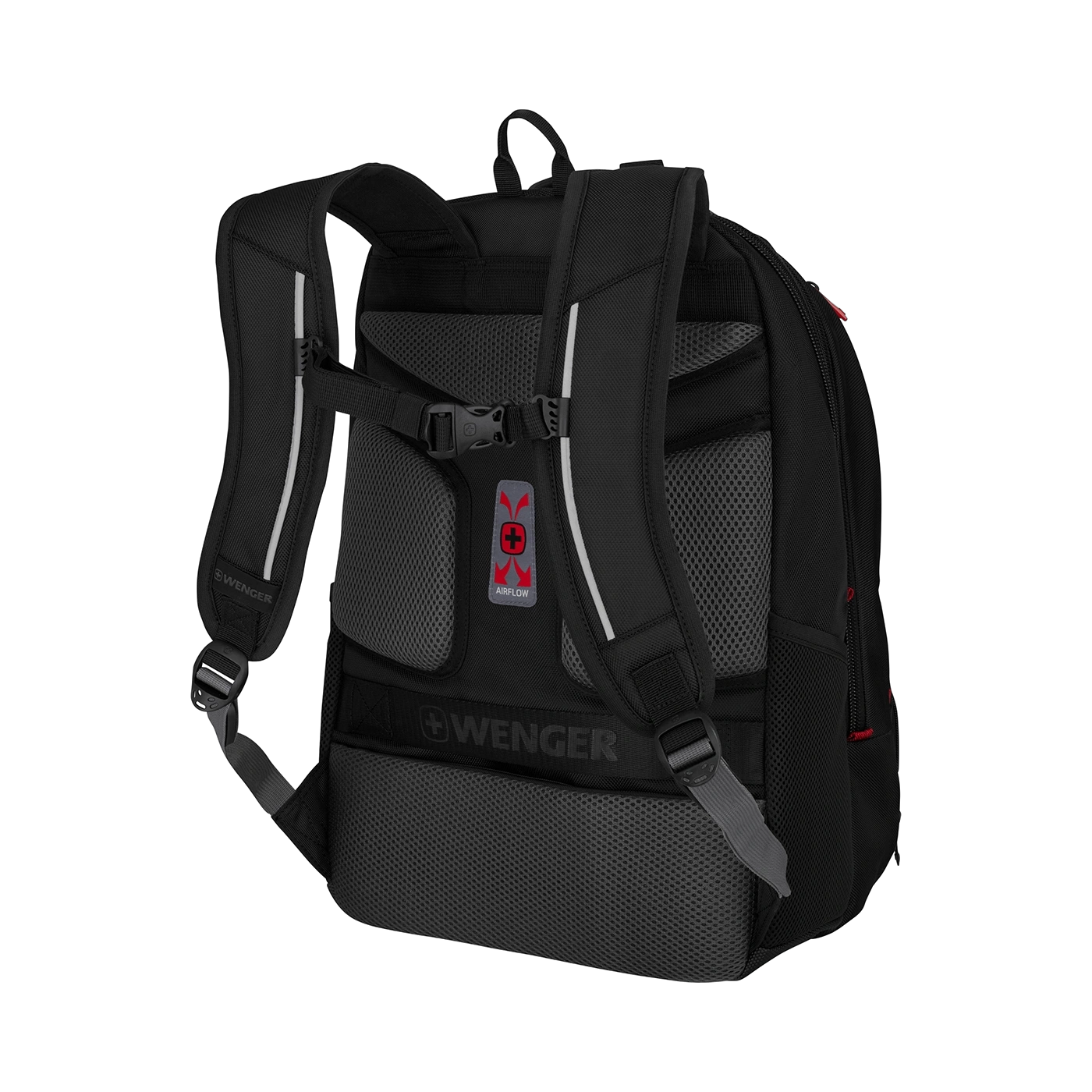 Black backpack with Airflow system and Wenger logo, detailed view