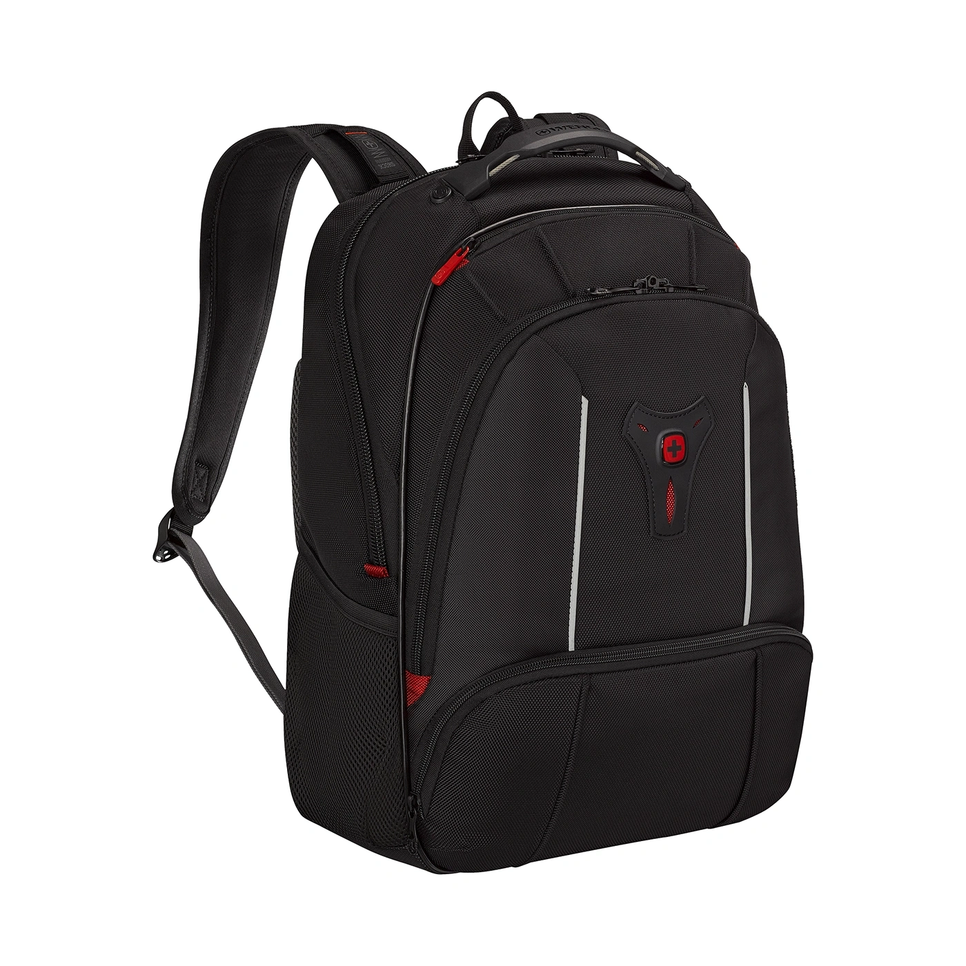 Black backpack with red accents and white stripe. Wenger logo on the front.