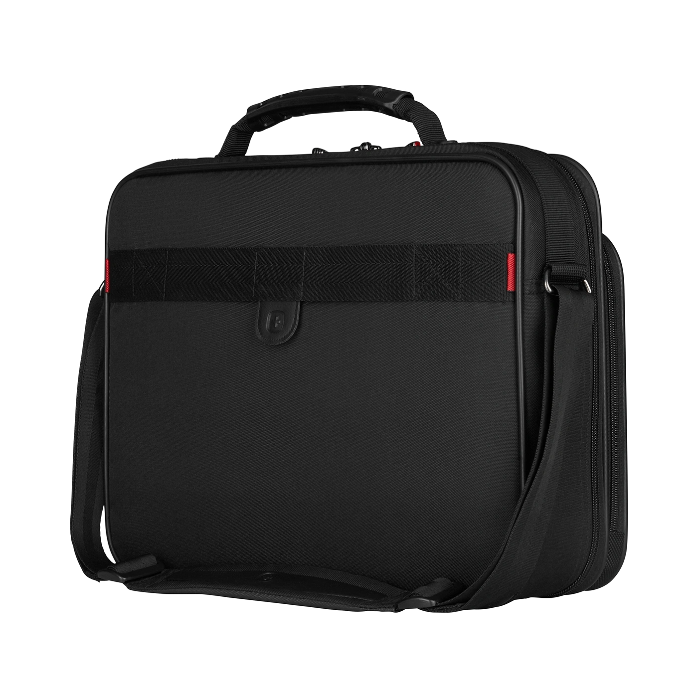 Black briefcase with handle and shoulder strap on a black background.