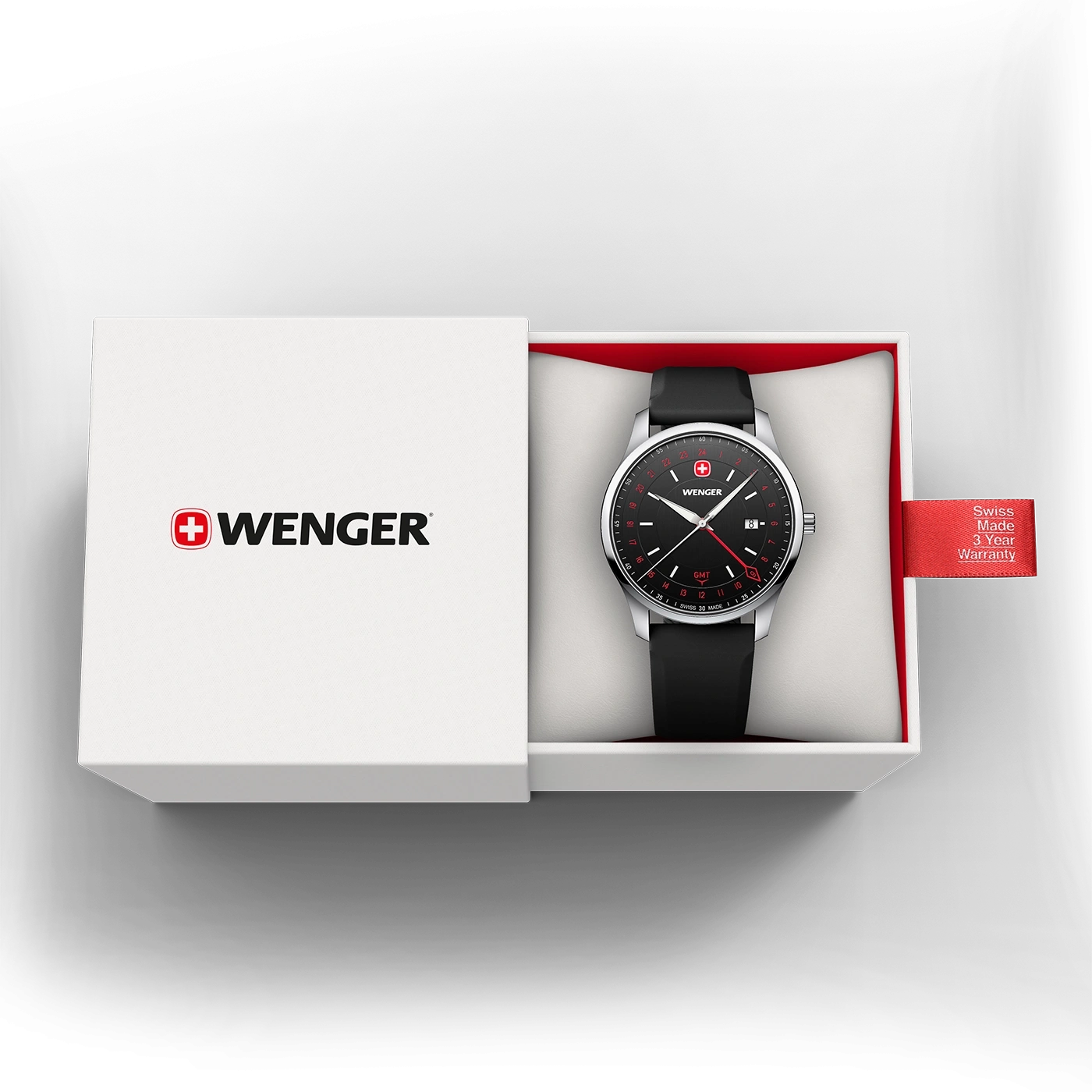 A Wenger watch with a black strap and red warranty card in a white box.