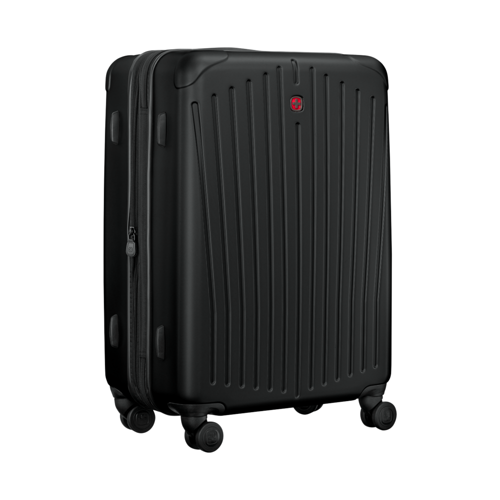 Black suitcase with wheels and zipper isolated on white background