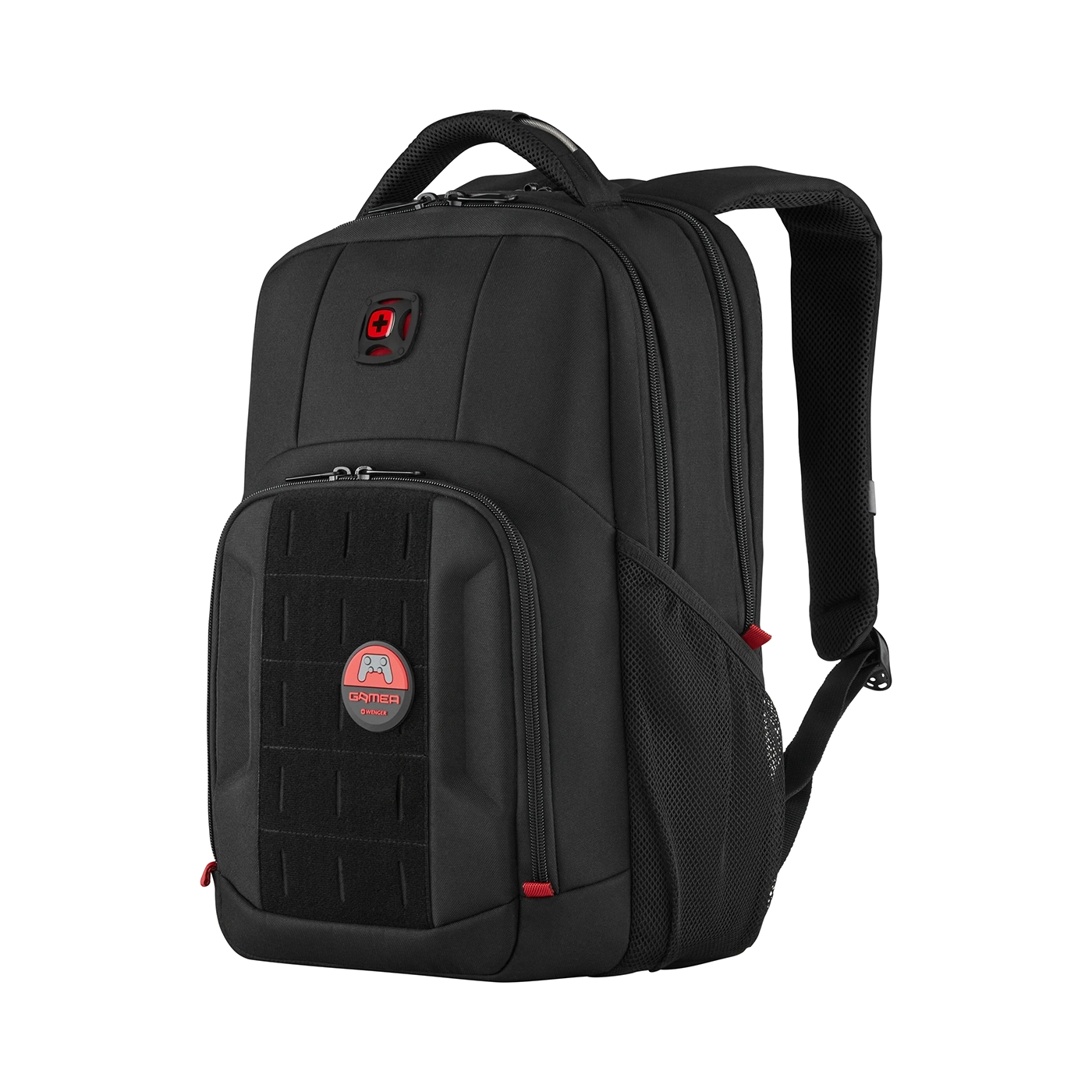 Black backpack with red accents and gamer logo, perfect for gaming and carrying gear.