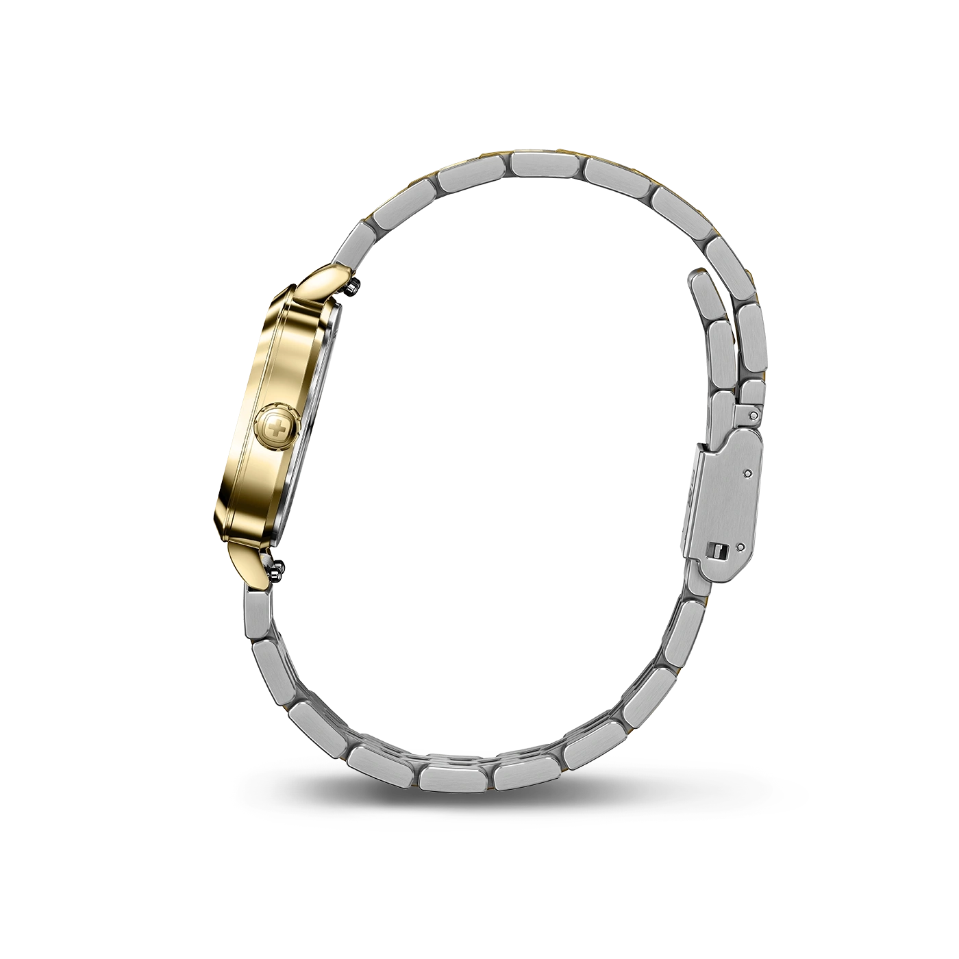 Goldene Uhr mit silbernem Armband, Seitenansicht, Detailaufnahme, elegant