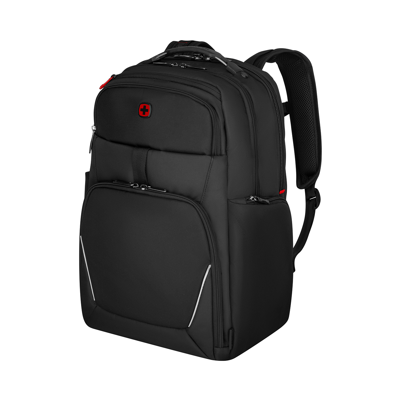 Black backpack with red cross and white stripes on a black background.