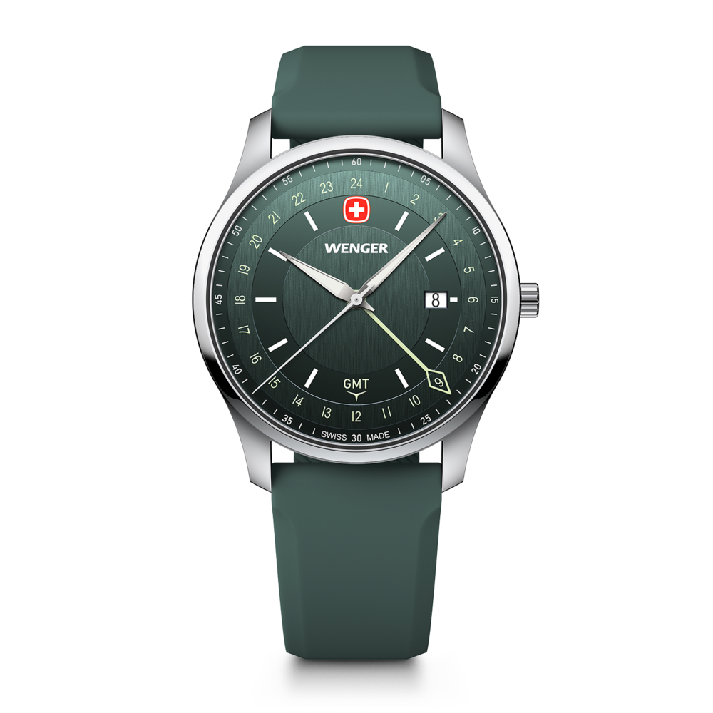 Wenger men's watch with green dial and GMT function