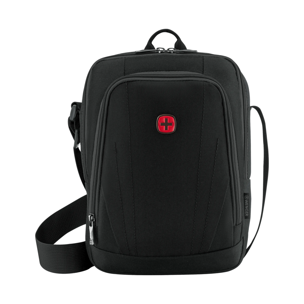 Black shoulder bag with red cross logo, Wenger brand, zipper, shoulder strap