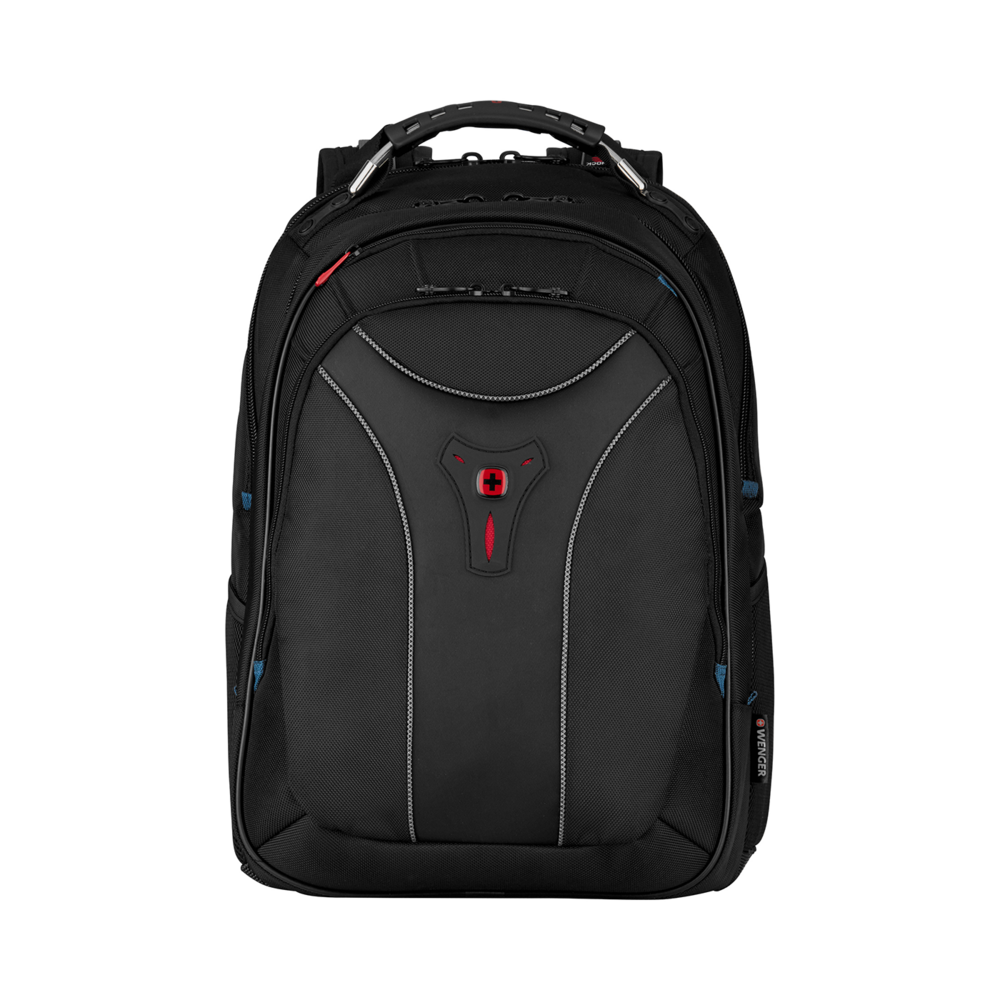 Black backpack with red accents and a Swiss cross logo on the front