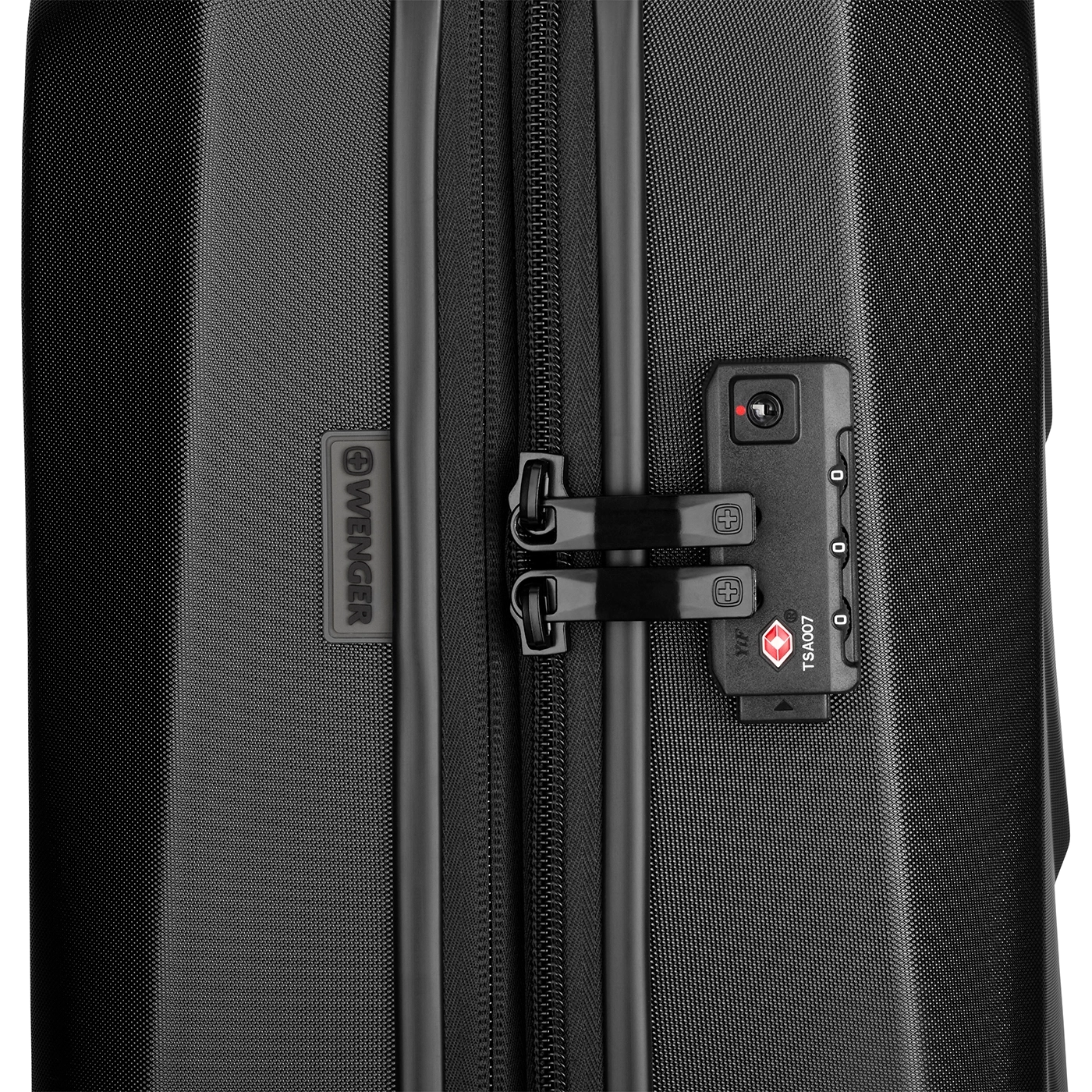 Black suitcase with lock and zipper, TSA certification, Wenger brand