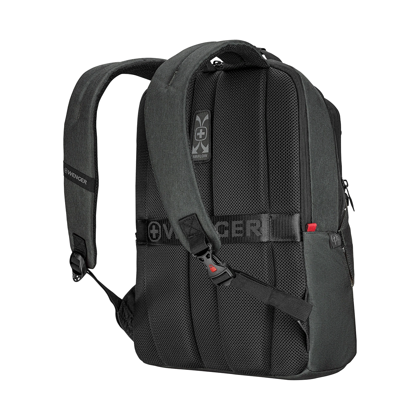 Black backpack with Airflow system and Wenger logo, detail shot, close-up view