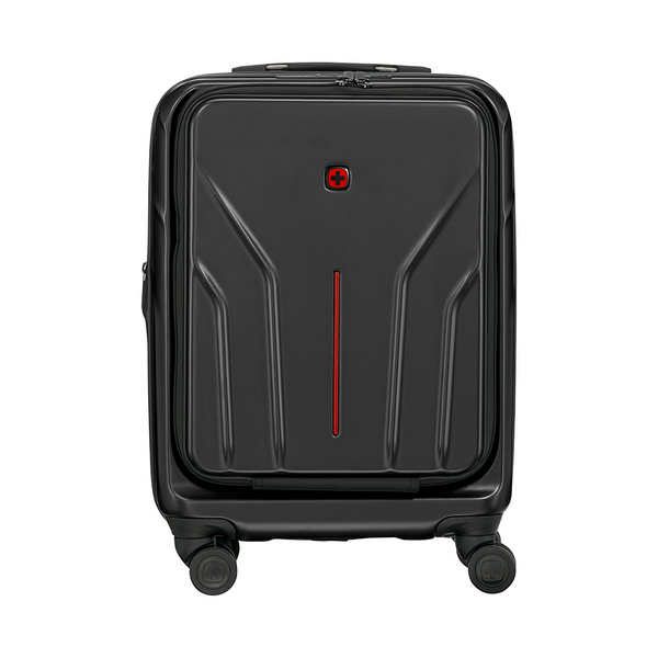 Black suitcase with red stripe and Swiss cross logo on white background