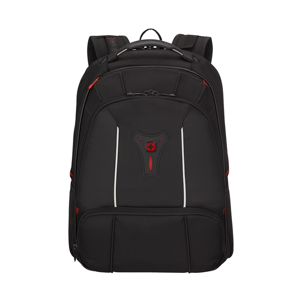 Black backpack with red accents and white stripe, Swissgear brand.