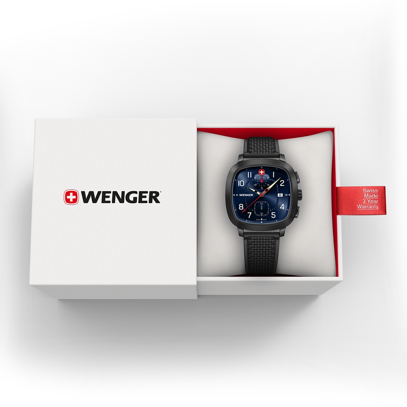 Wenger Uhr in einer Box mit rotem Etikett und 3 Jahren Garantie