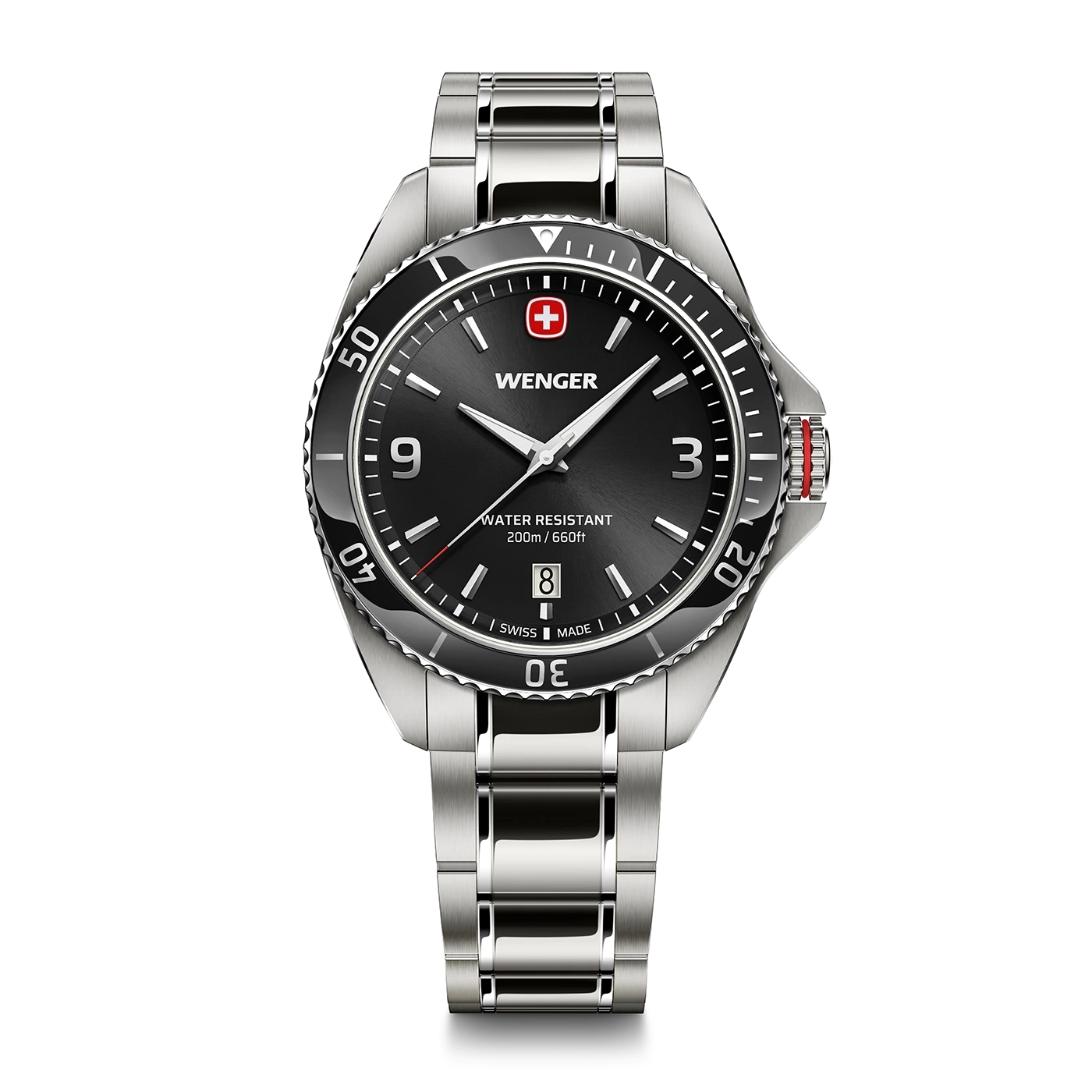Wenger watch, black, stainless steel, water resistant, Swiss watch, men's watch, date
