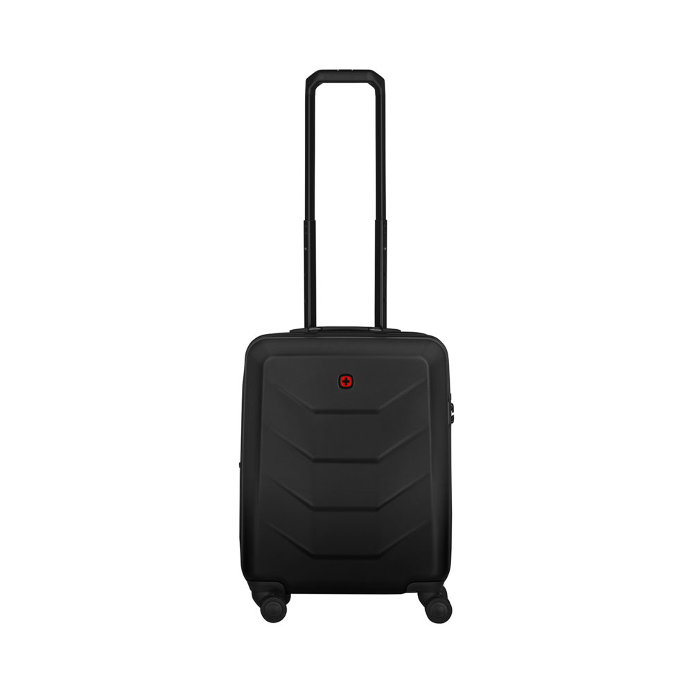 Black suitcase with retractable handle and red logo on a black background.