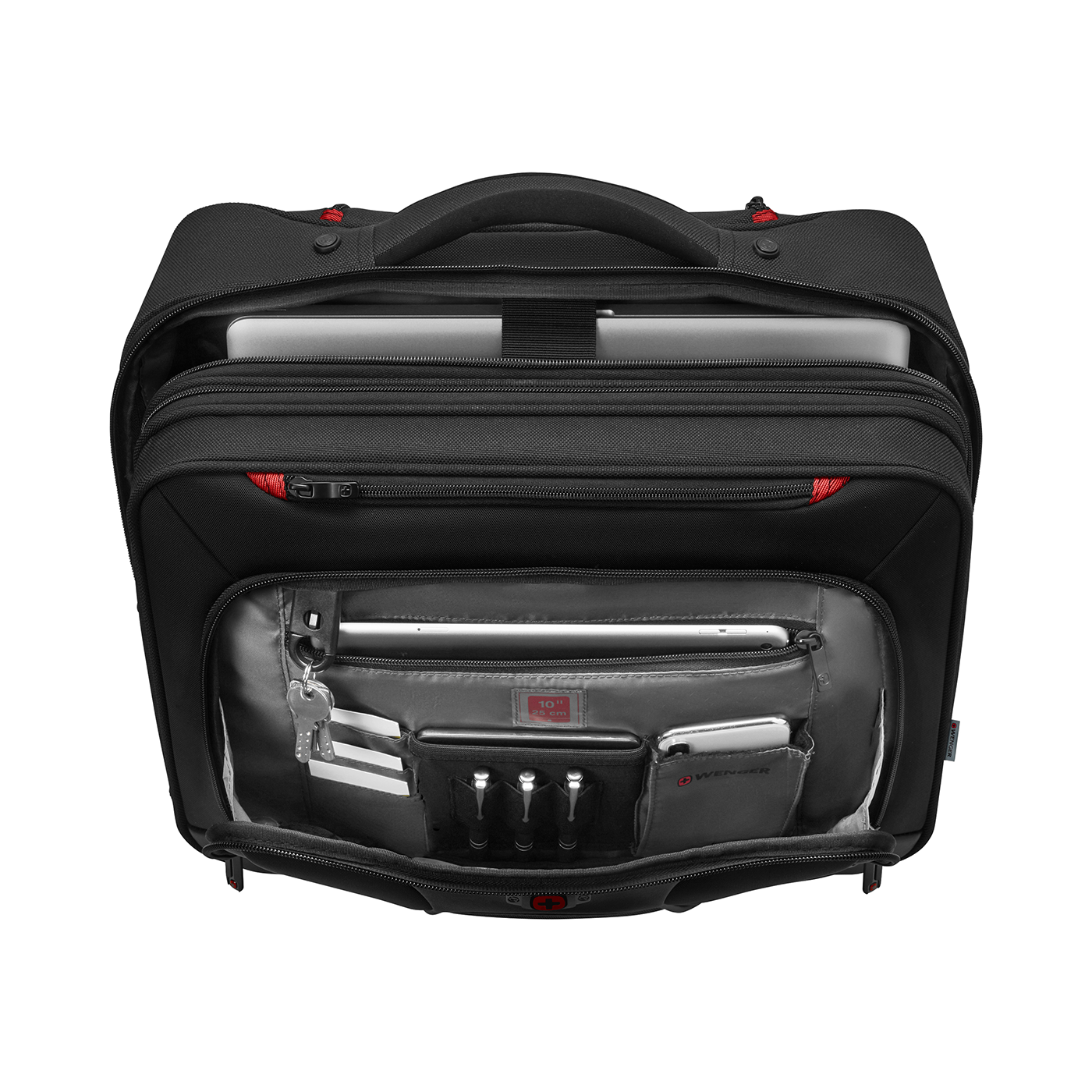 Black suitcase with open compartments, laptop, and accessories inside.