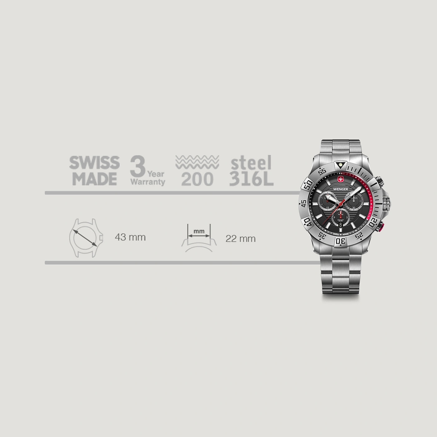 Wenger watch, Swiss Made, 3 year warranty, steel, 200m water resistant, 43mm case, 22mm band width.