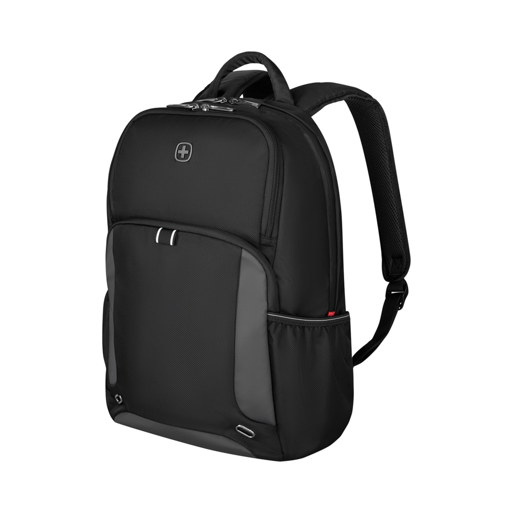 Black backpack with Swiss cross logo, perfect for everyday use and travel.