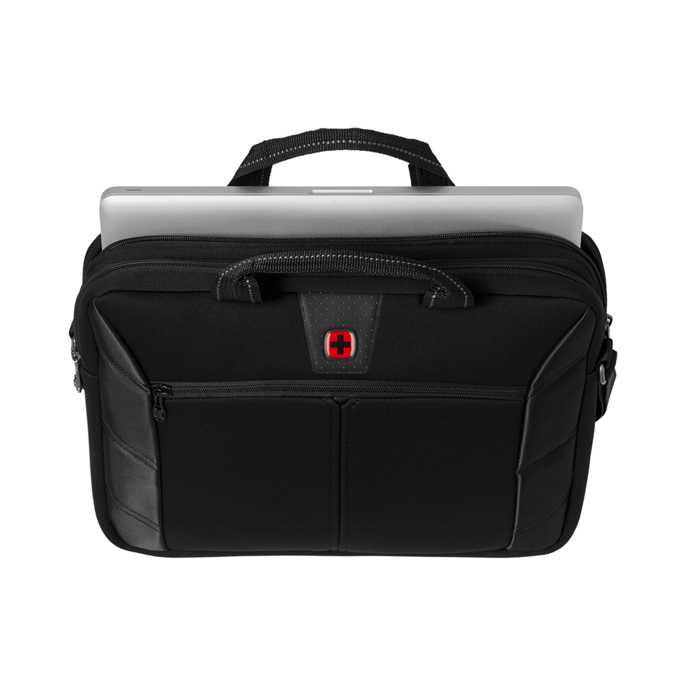 Black laptop bag with silver laptop and red Swiss cross logo.