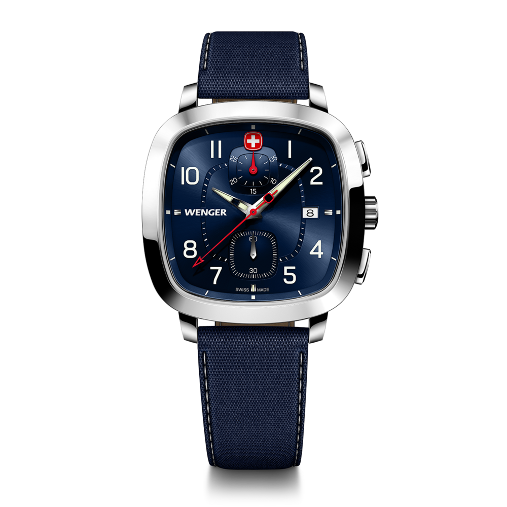 Wenger watch with blue face and strap, Swiss watch, square design, elegant timepiece
