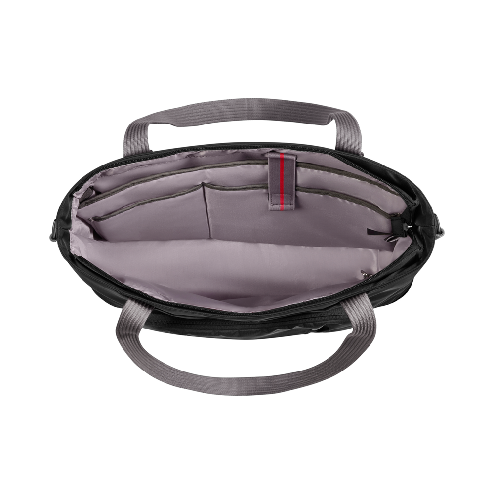 Black handbag with gray handle and inner compartments, open, seen from above.