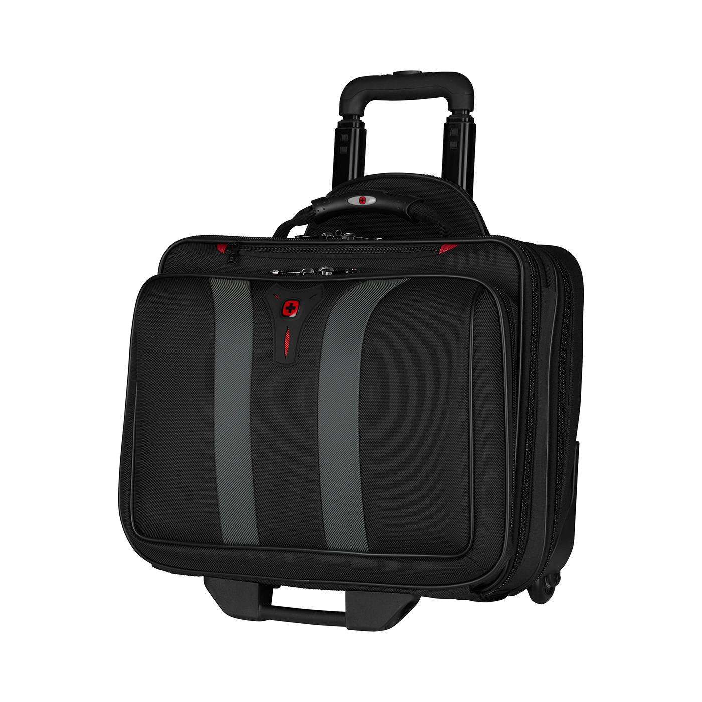Black rolling suitcase with gray stripes and red logo on a black background.