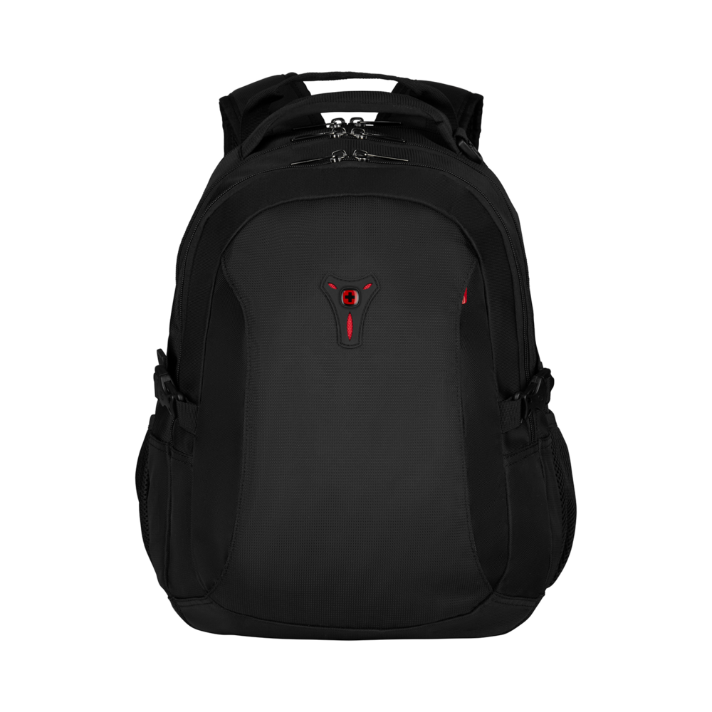 Black backpack with red logo on a black background, isolated.