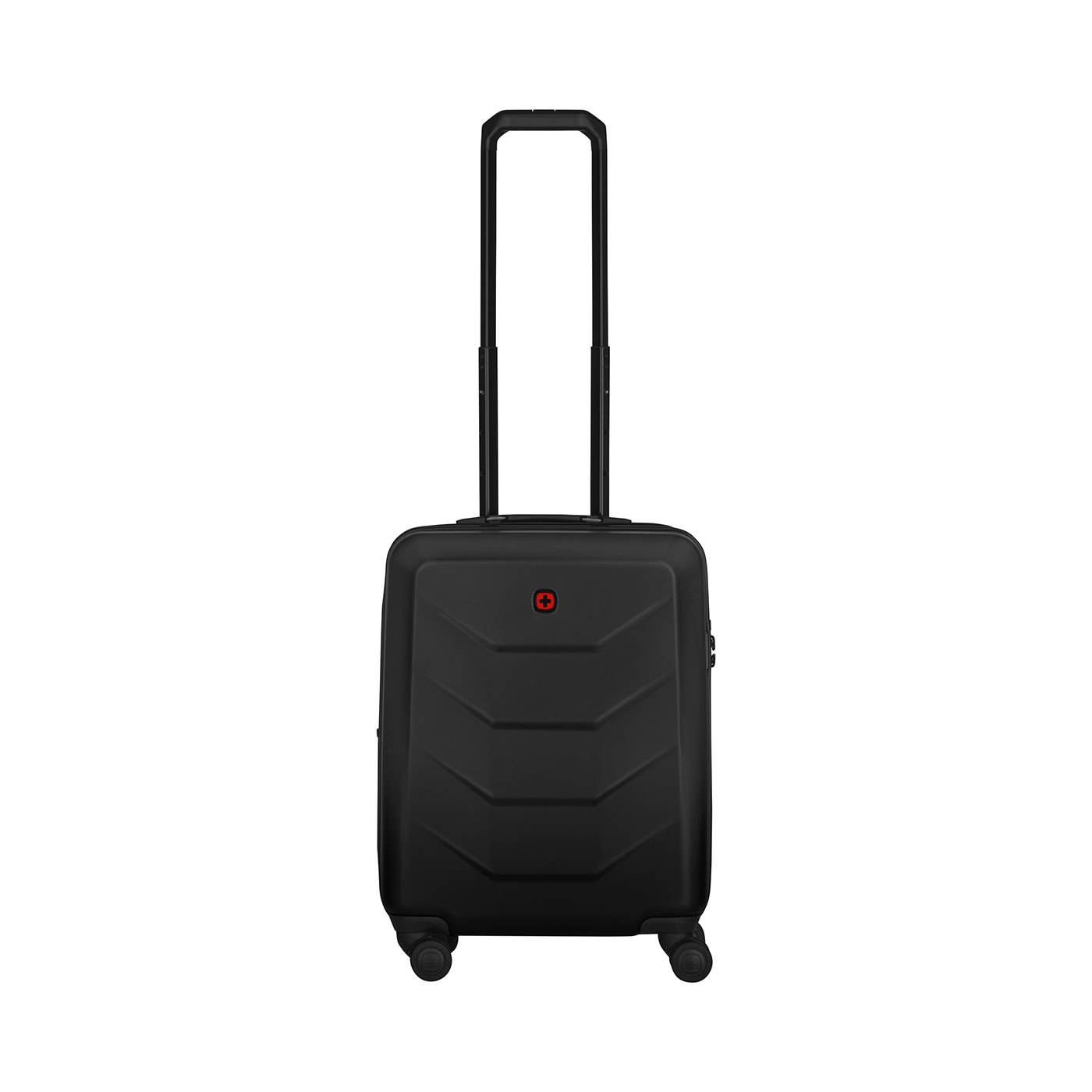 Black suitcase with retractable handle and red logo on a black background.