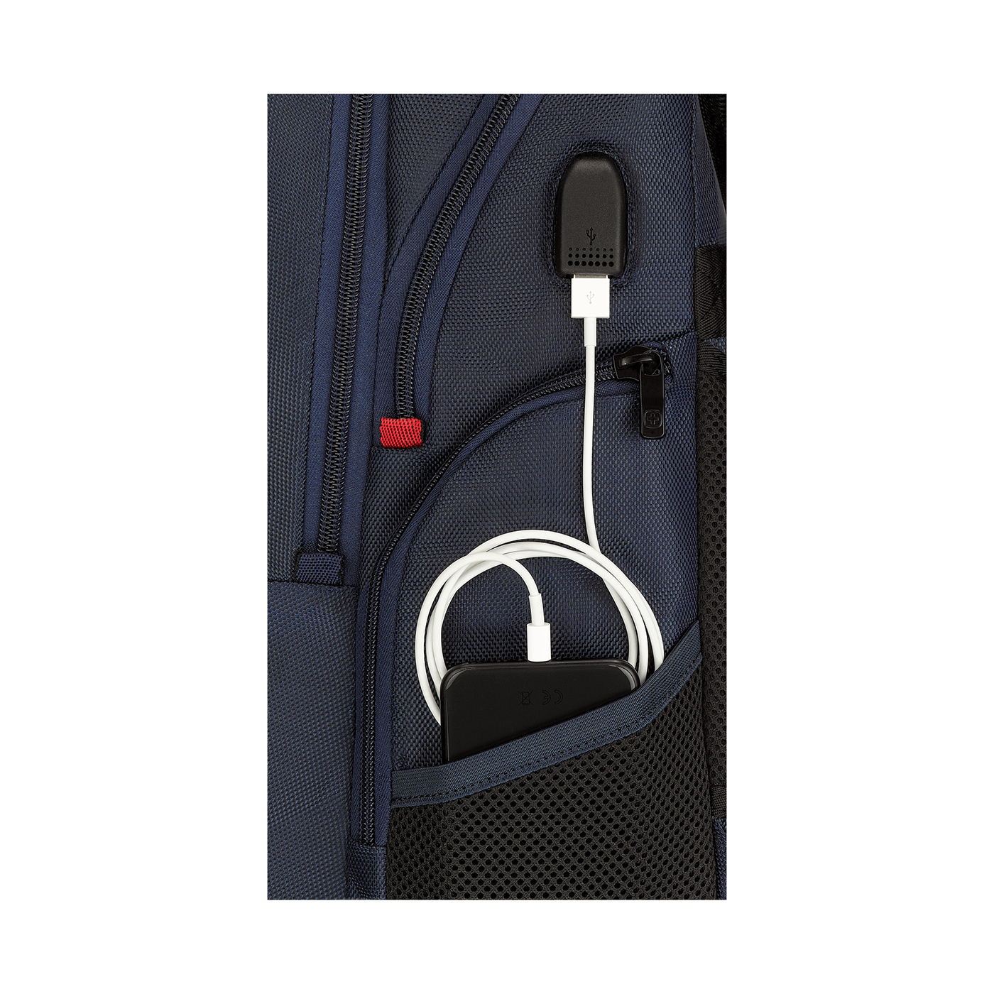 Blue backpack with USB port and smartphone in the pocket for charging